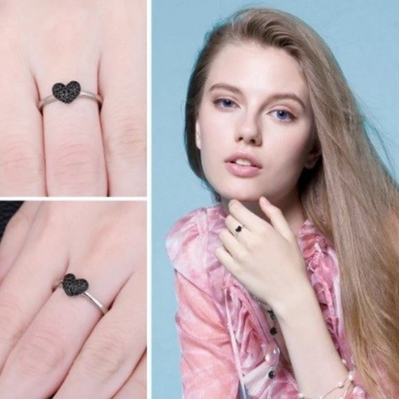 New Sterling SILVER Heart black stones Ring - Picture 3 of 3